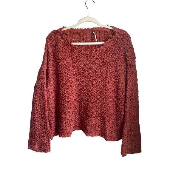 Free People Small Orange Textured Knit Pullover Sweater Chunky Open Knit - Picture 8 of 9